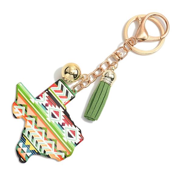 Green Yellow Aztec Southwestern State of Texas Tassel Keychain Bag Charm - Picture 1 of 3